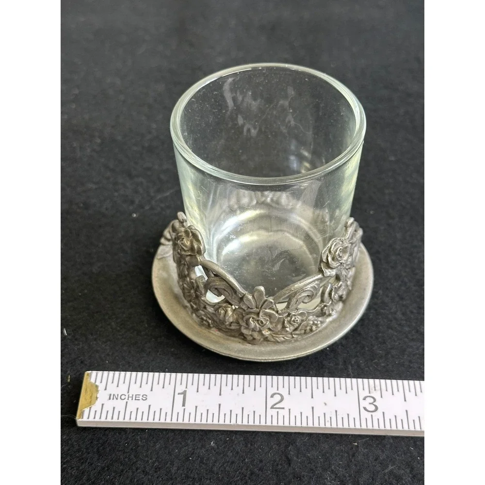 Rawcliffe Pewter 1995 Floral Rose Votive Candle Holder with Glass & Snuffer Set